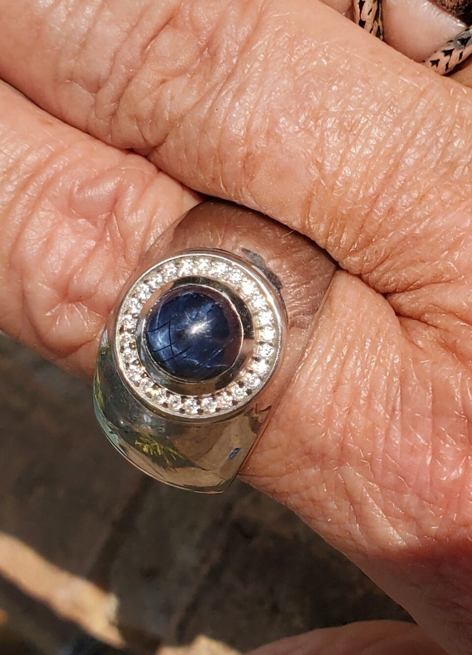 Platinum over Silver Men's Star Saphire Ring with Moissanite Halo